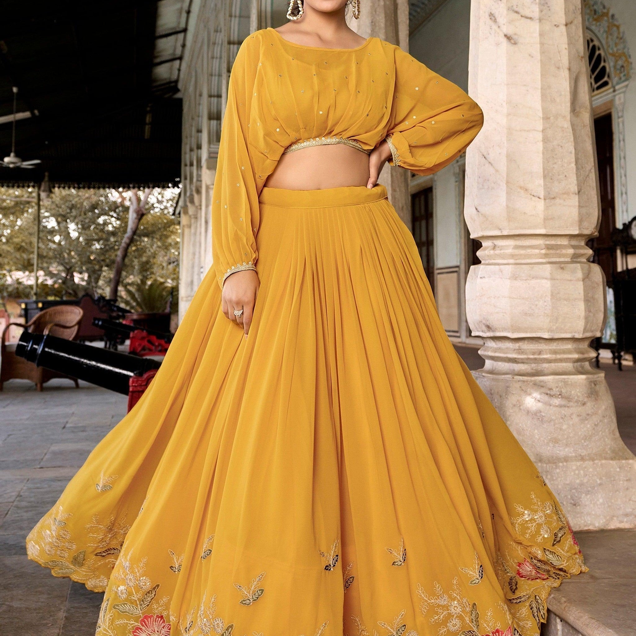 Alluring Yellow Embroidered Georgette Indo-Western Crop Top Lehenga