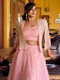 Stylish Pink Crushed Party Wear Crop Top Lehenga With Embroidered Koti
