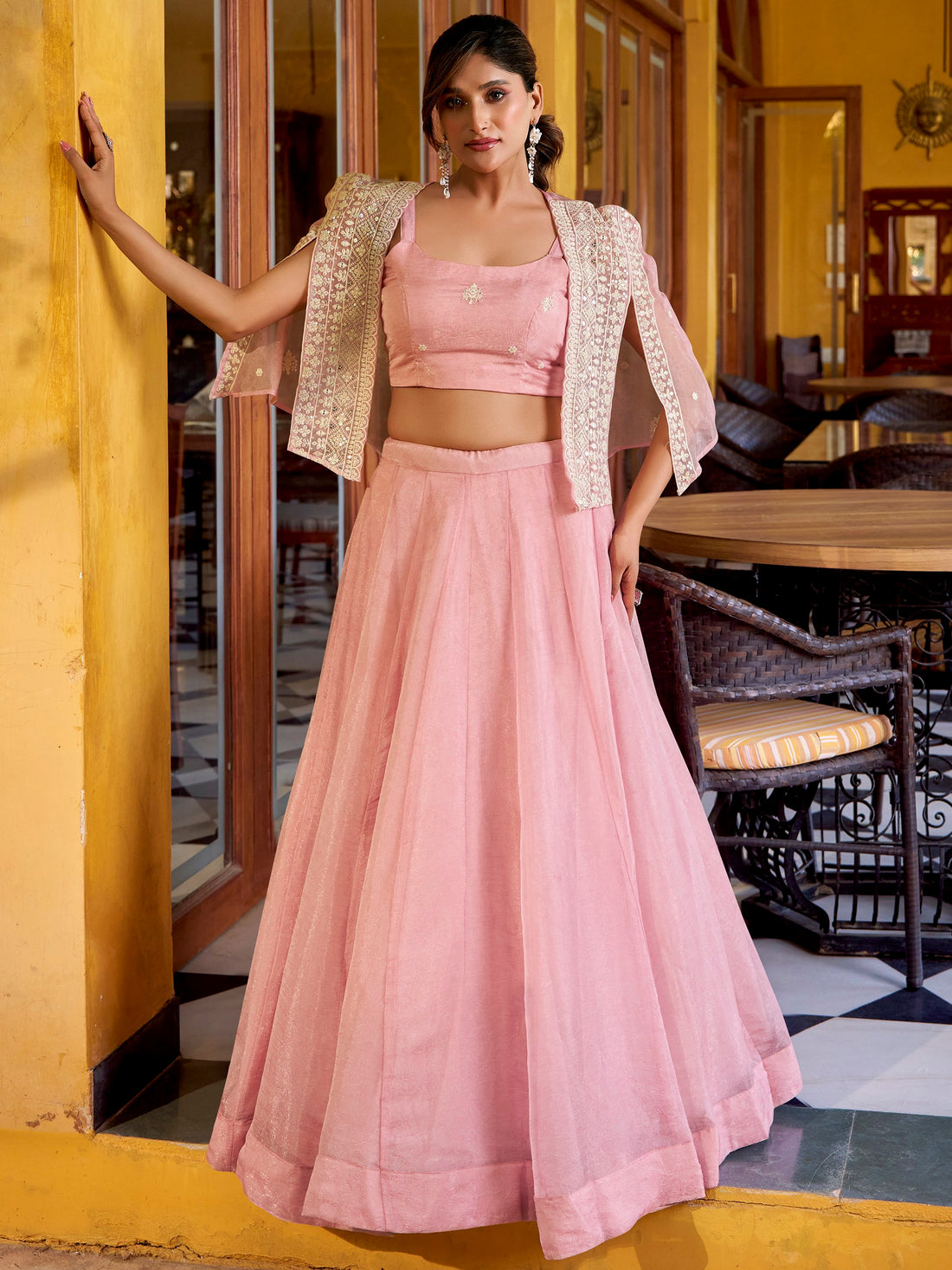 Stylish Pink Crushed Party Wear Crop Top Lehenga With Embroidered Koti