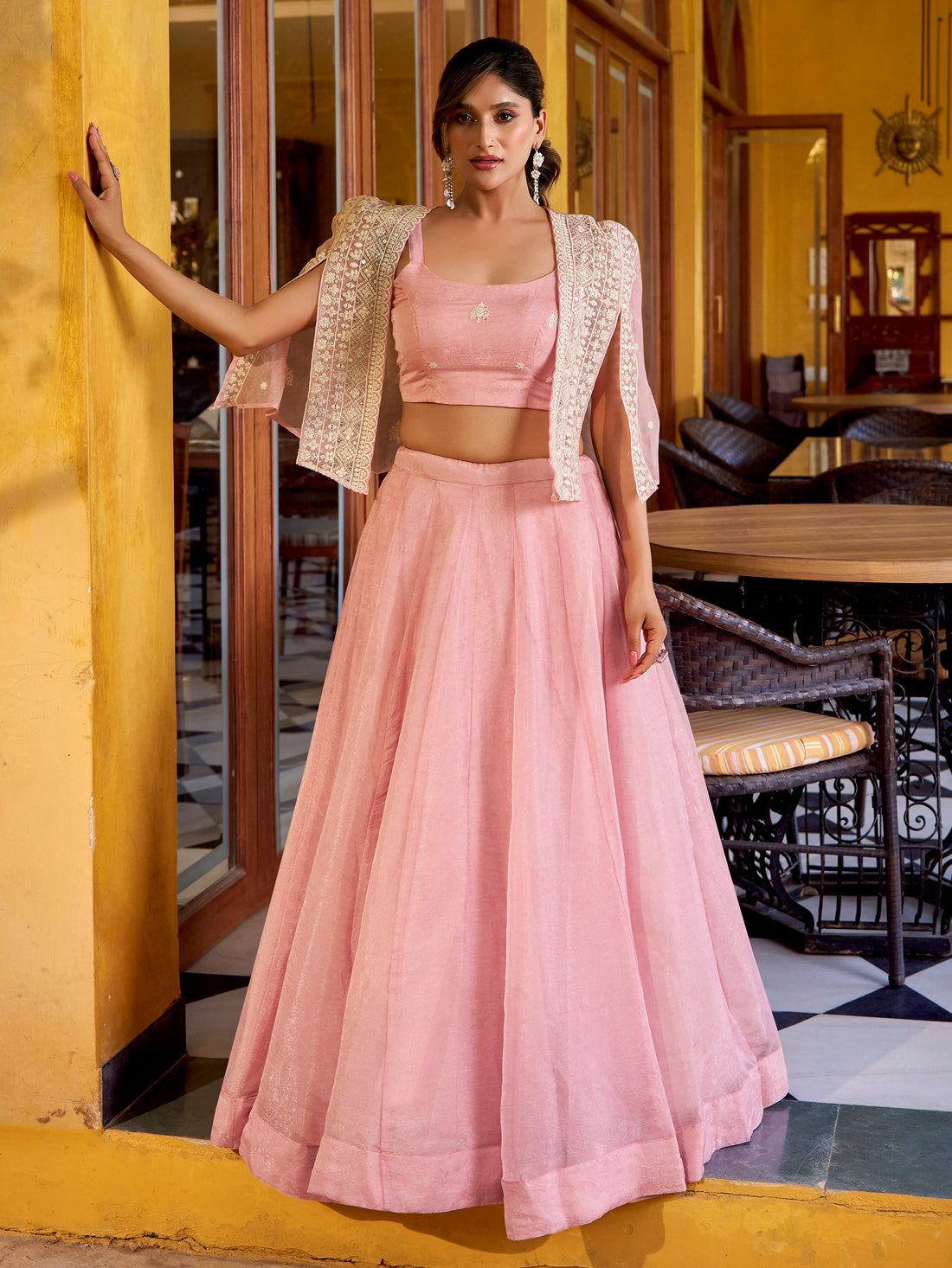 Stylish Pink Crushed Party Wear Crop Top Lehenga With Embroidered Koti