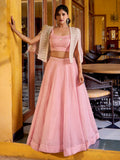 Stylish Pink Crushed Party Wear Crop Top Lehenga With Embroidered Koti