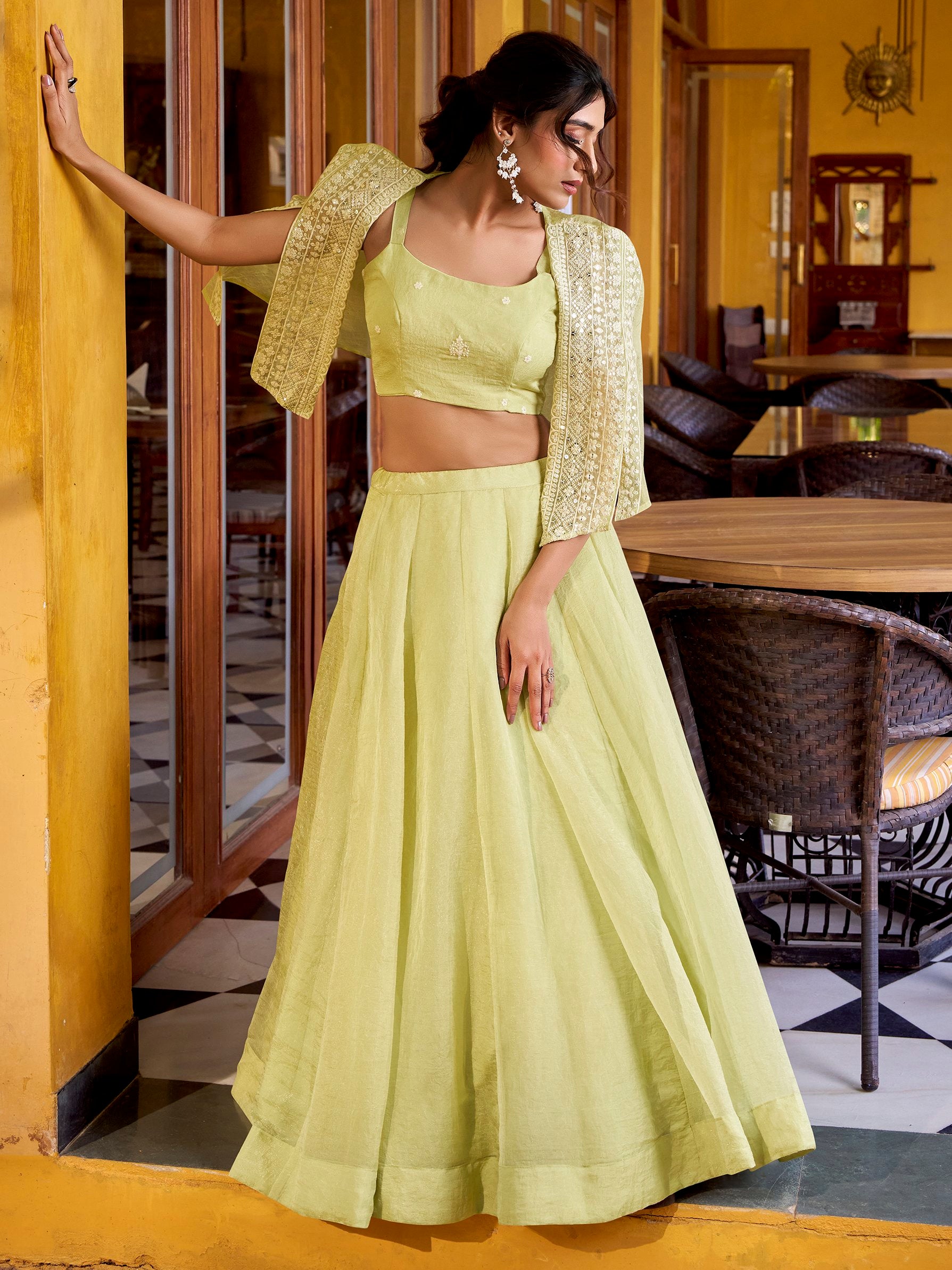 Awesome Pista Green Crushed Designer Crop Top Lehenga With Thread Work Koti