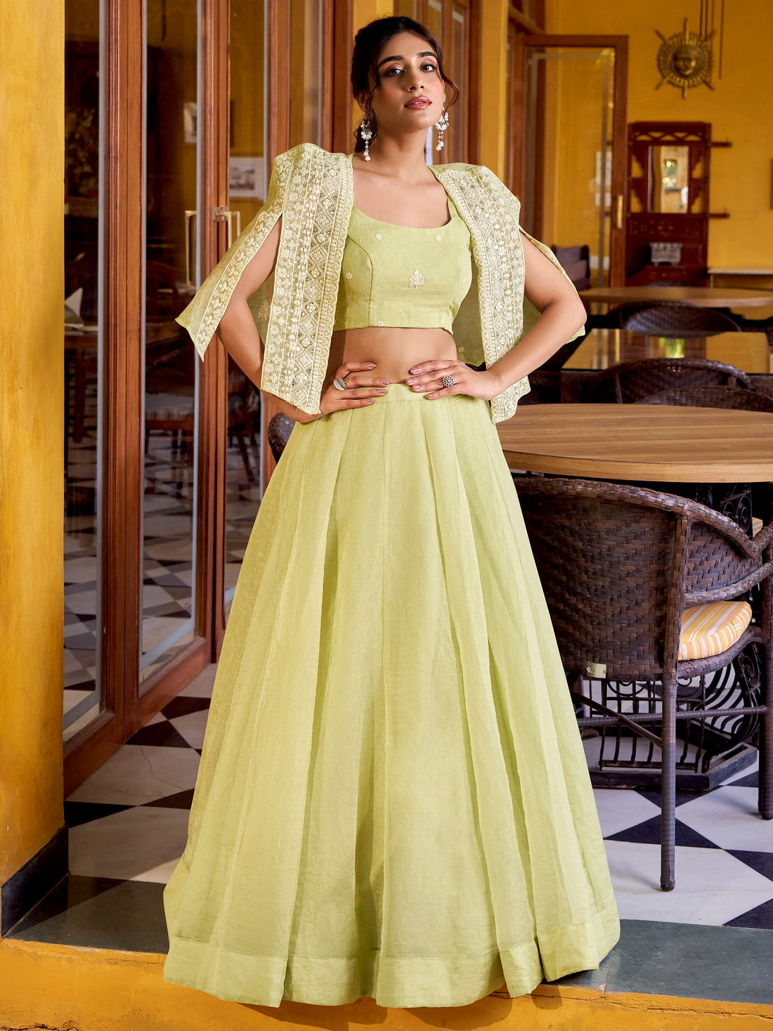 Awesome Pista Green Crushed Designer Crop Top Lehenga With Thread Work Koti