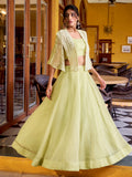 Awesome Pista Green Crushed Designer Crop Top Lehenga With Thread Work Koti