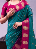 Glowing Teal Green Zari Weaving Silk Festive Wear Saree With Blouse