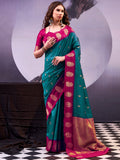 Glowing Teal Green Zari Weaving Silk Festive Wear Saree With Blouse