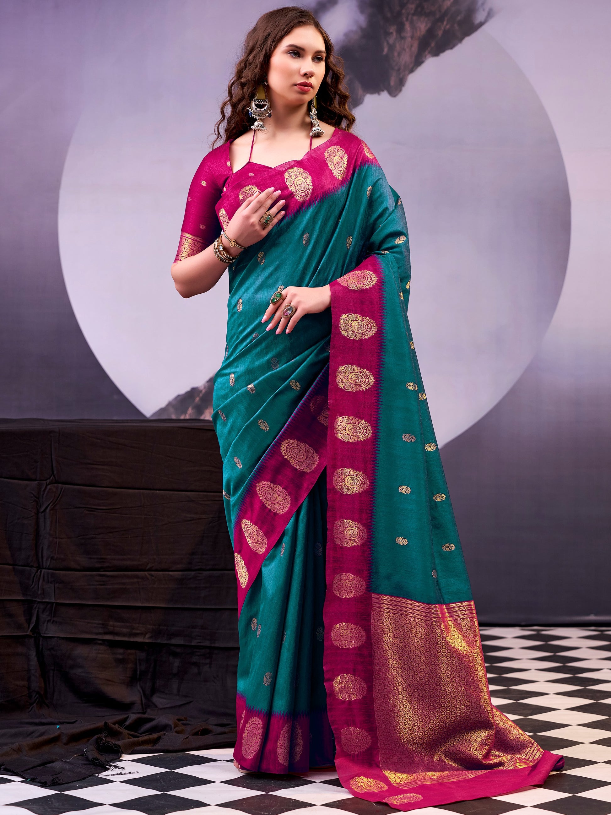 Glowing Teal Green Zari Weaving Silk Festive Wear Saree With Blouse