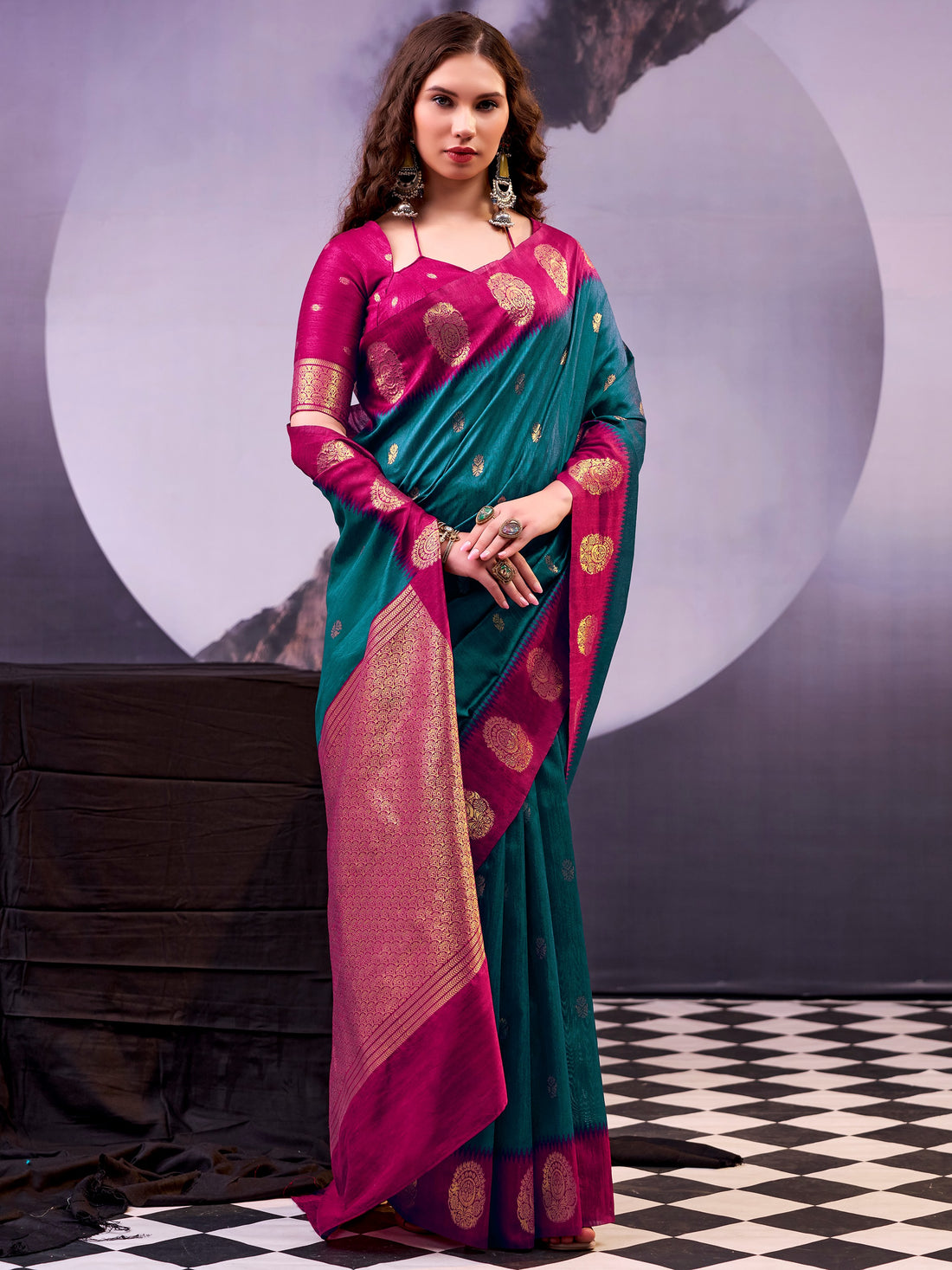 Glowing Teal Green Zari Weaving Cotton Festive Wear Saree With Blouse
