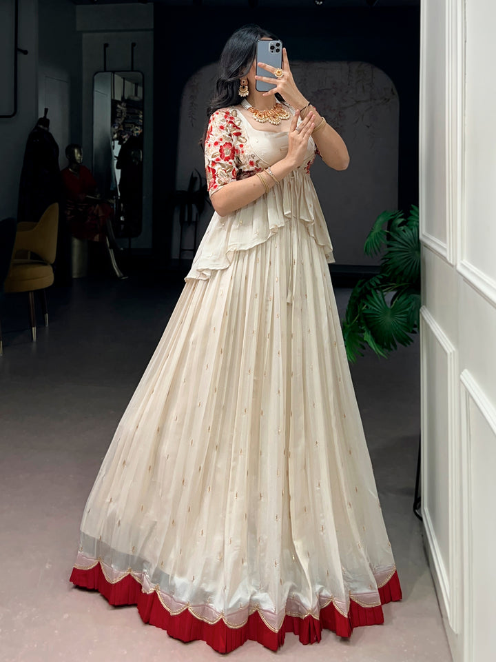 Adorable Off White Sequin Work Silk Festival Lehenga Choli With Koti