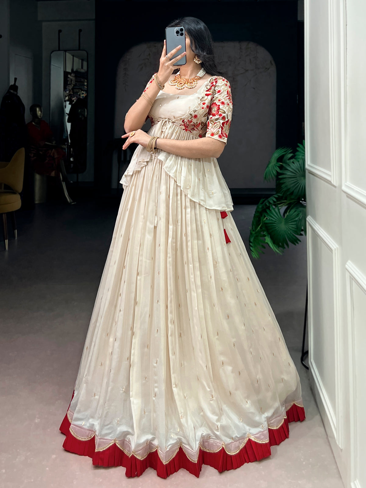 Adorable Off White Sequin Work Silk Festival Lehenga Choli With Koti