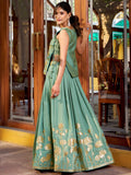 Stunning Green Foil Work Shimmer Mehendi Wear Crop Top Lehenga