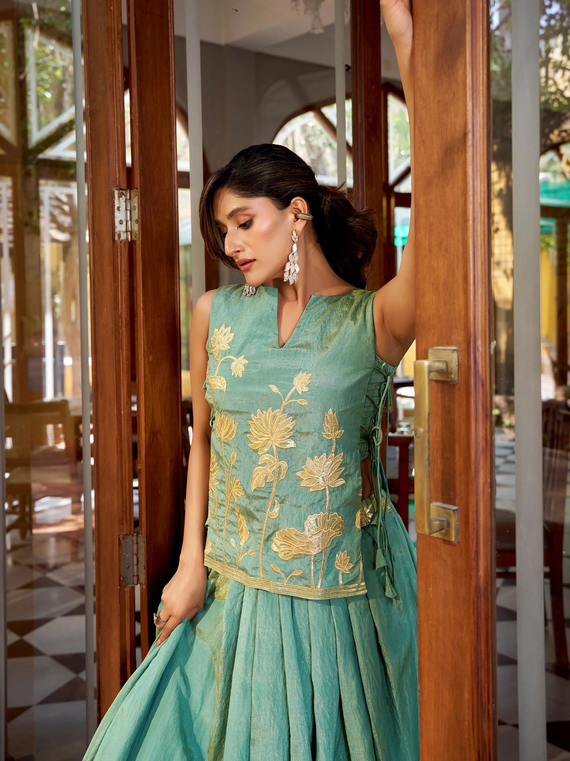 Stunning Green Foil Work Shimmer Mehendi Wear Crop Top Lehenga