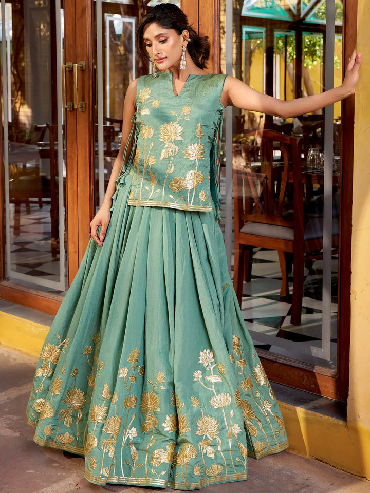Stunning Green Foil Work Shimmer Mehendi Wear Crop Top Lehenga