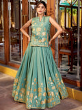 Stunning Green Foil Work Shimmer Mehendi Wear Crop Top Lehenga
