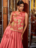 Exclusive Peach Thread Work Shimmer Festive Wear Crop Top Lehenga
