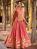 Exclusive Peach Thread Work Shimmer Festive Wear Crop Top Lehenga