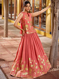 Exclusive Peach Thread Work Shimmer Festive Wear Crop Top Lehenga