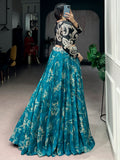 Enchanting Teal Blue Floral Printed Silk Event Wear Crop Top Lehenga