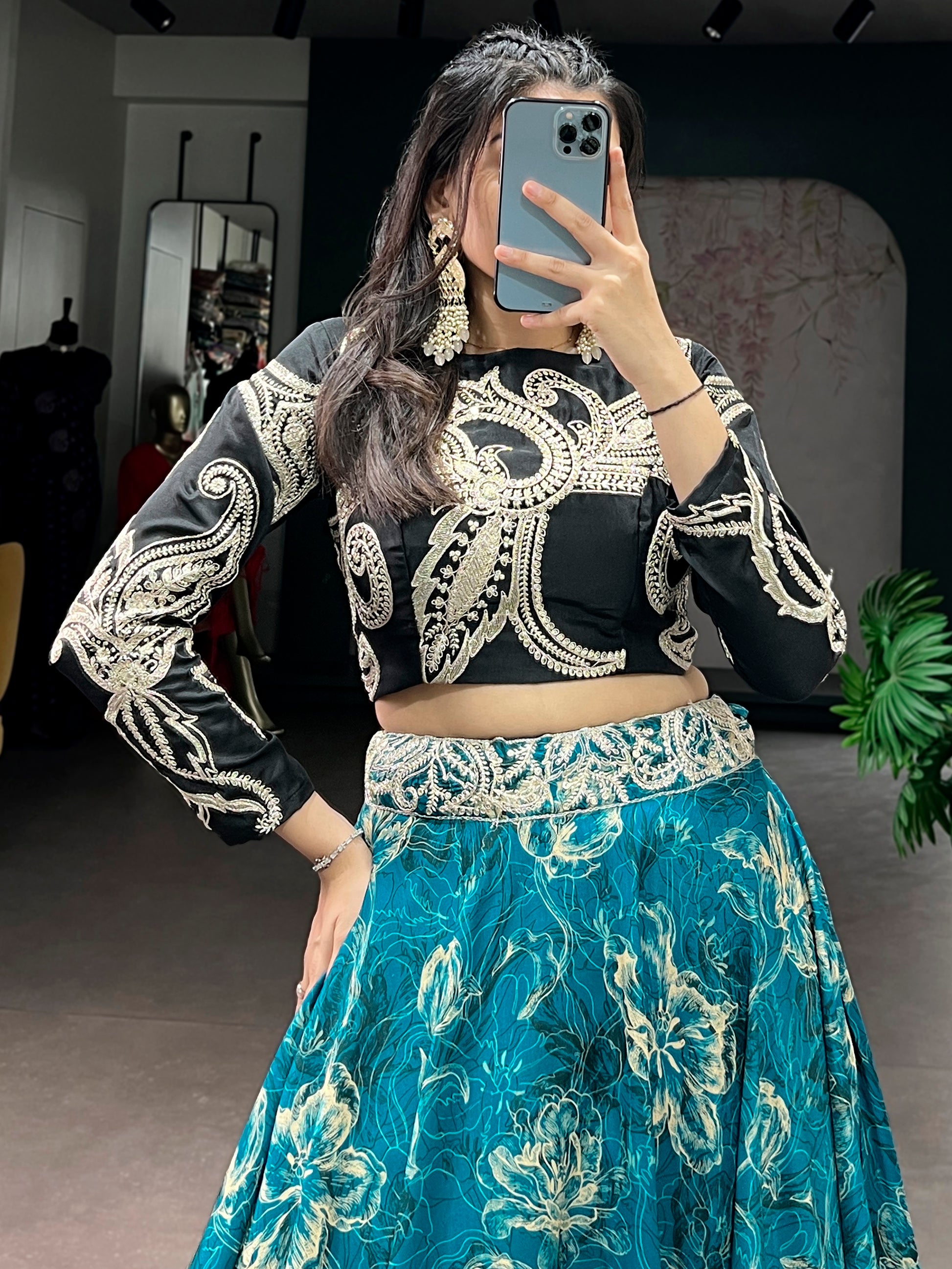 Enchanting Teal Blue Floral Printed Silk Event Wear Crop Top Lehenga