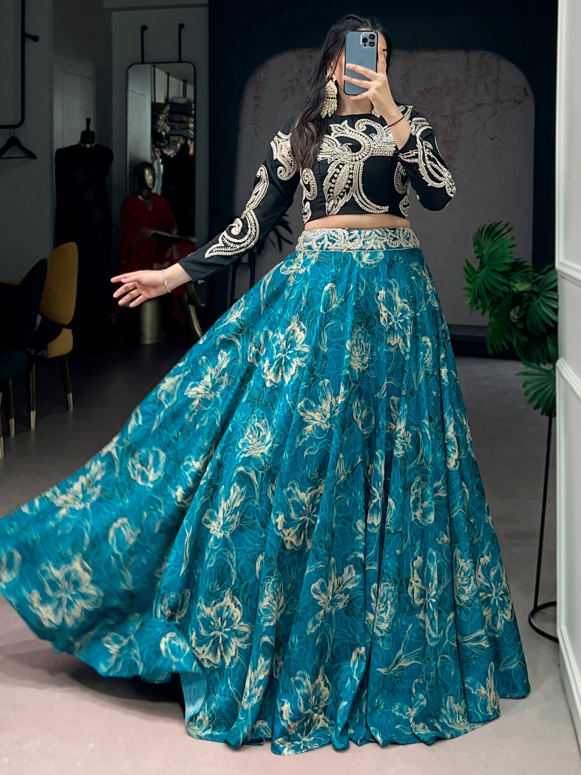 Enchanting Teal Blue Floral Printed Silk Event Wear Crop Top Lehenga