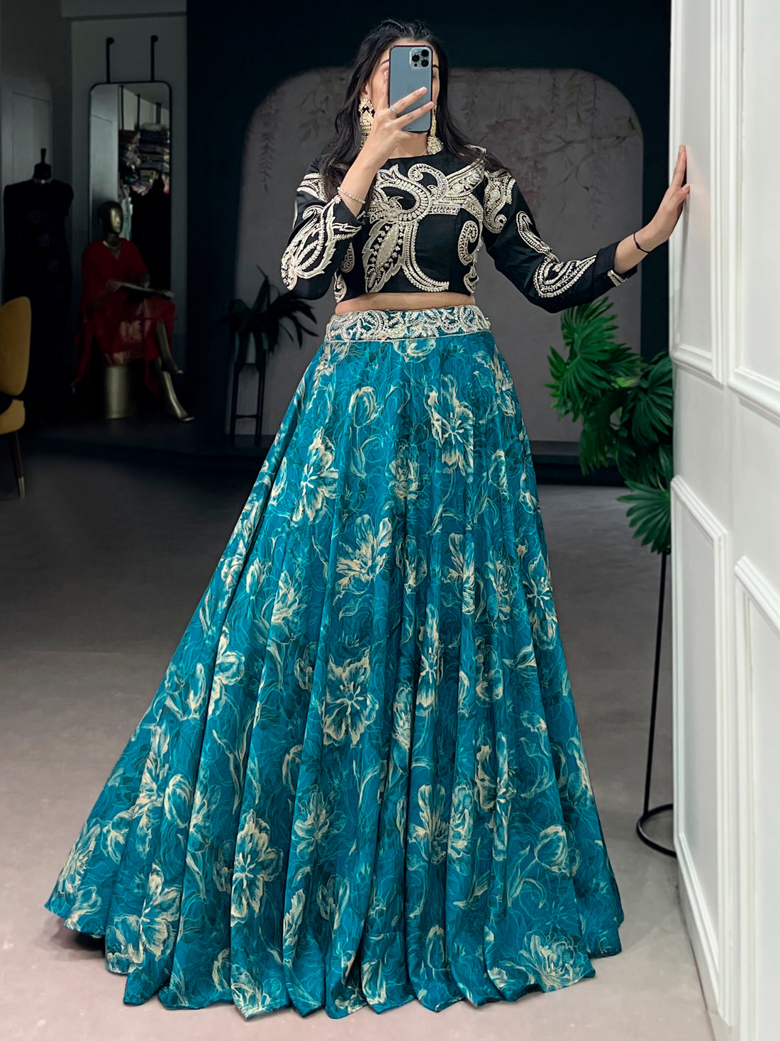 Enchanting Teal Blue Floral Printed Silk Event Wear Crop Top Lehenga