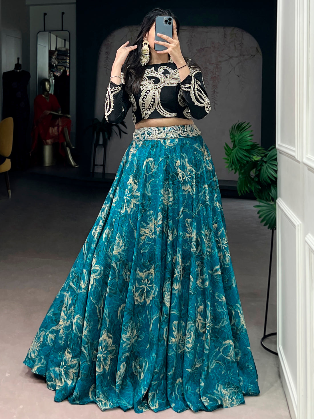 Enchanting Teal Blue Floral Printed Silk Event Wear Crop Top Lehenga