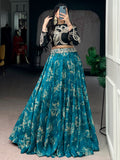 Enchanting Teal Blue Floral Printed Silk Event Wear Crop Top Lehenga