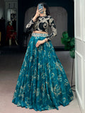 Enchanting Teal Blue Floral Printed Silk Event Wear Crop Top Lehenga