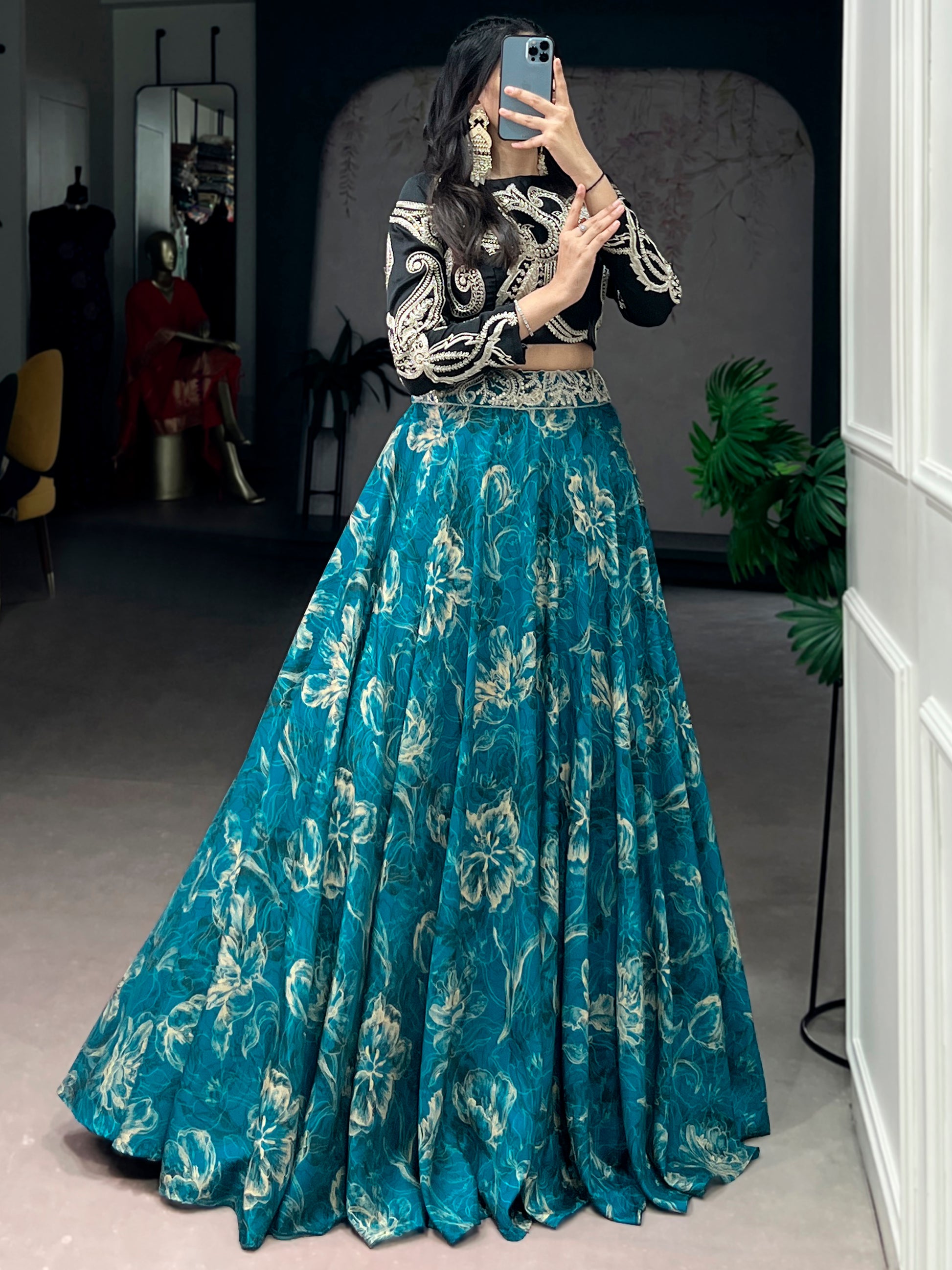 Enchanting Teal Blue Floral Printed Silk Event Wear Crop Top Lehenga