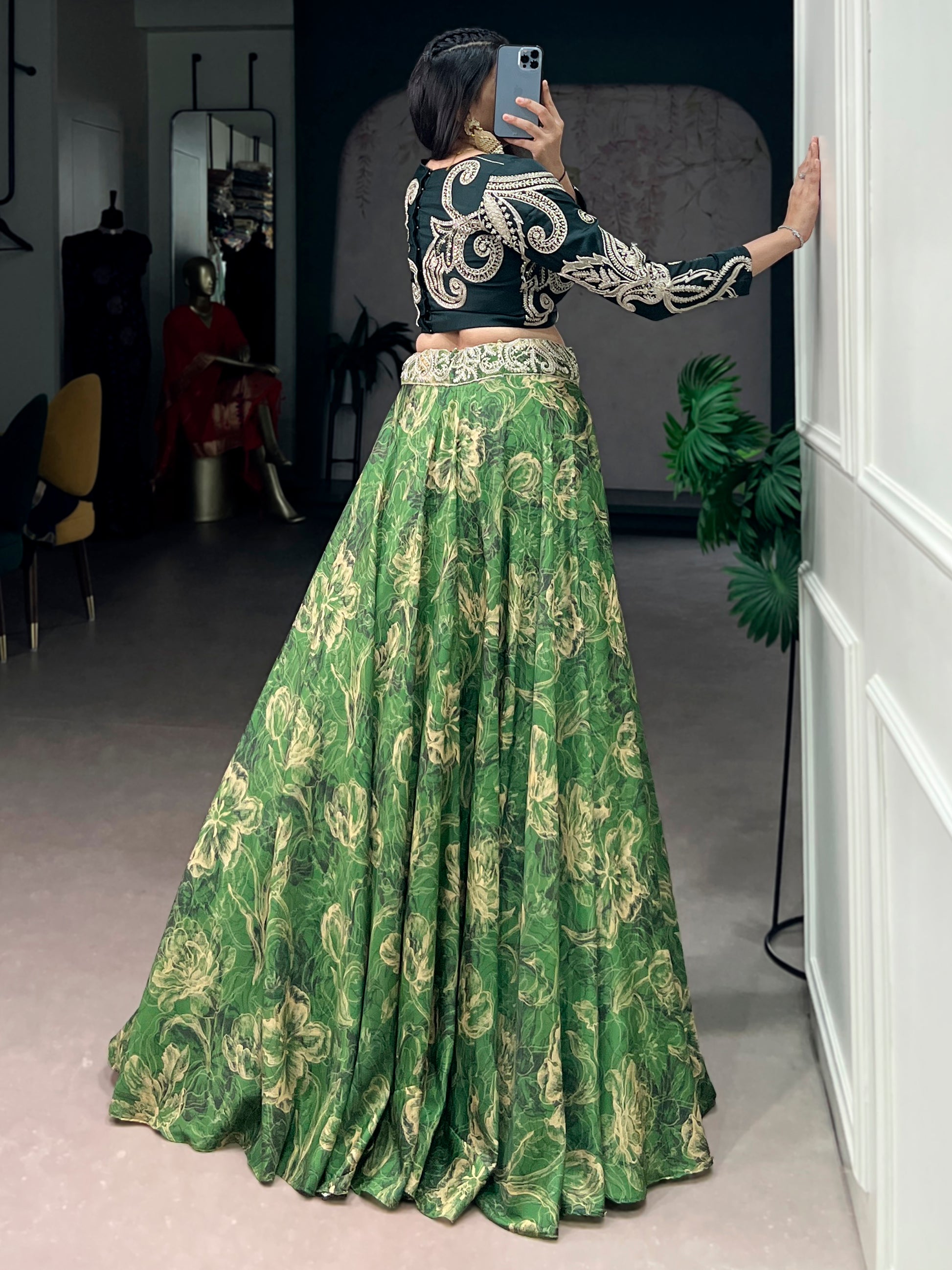 Attractive Green Sequins Silk Festival Wear Crop Top Lehenga