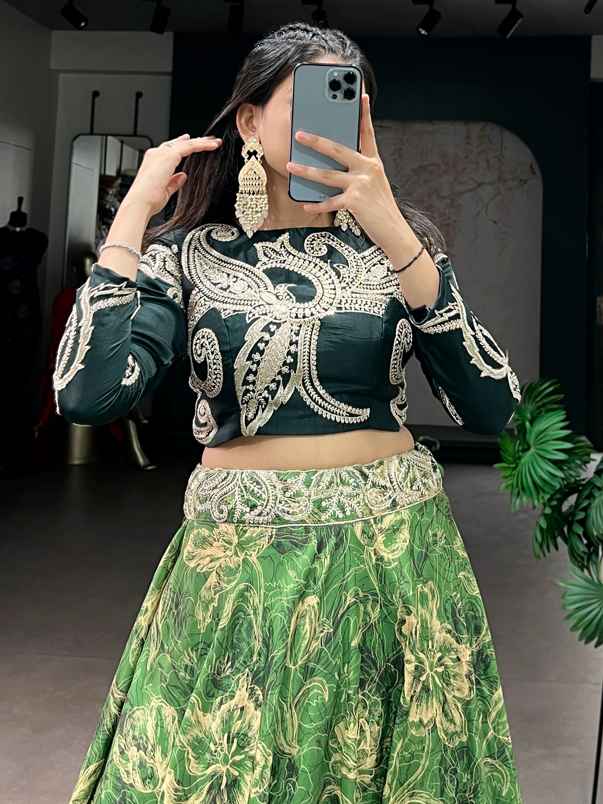 Attractive Green Sequins Silk Festival Wear Crop Top Lehenga