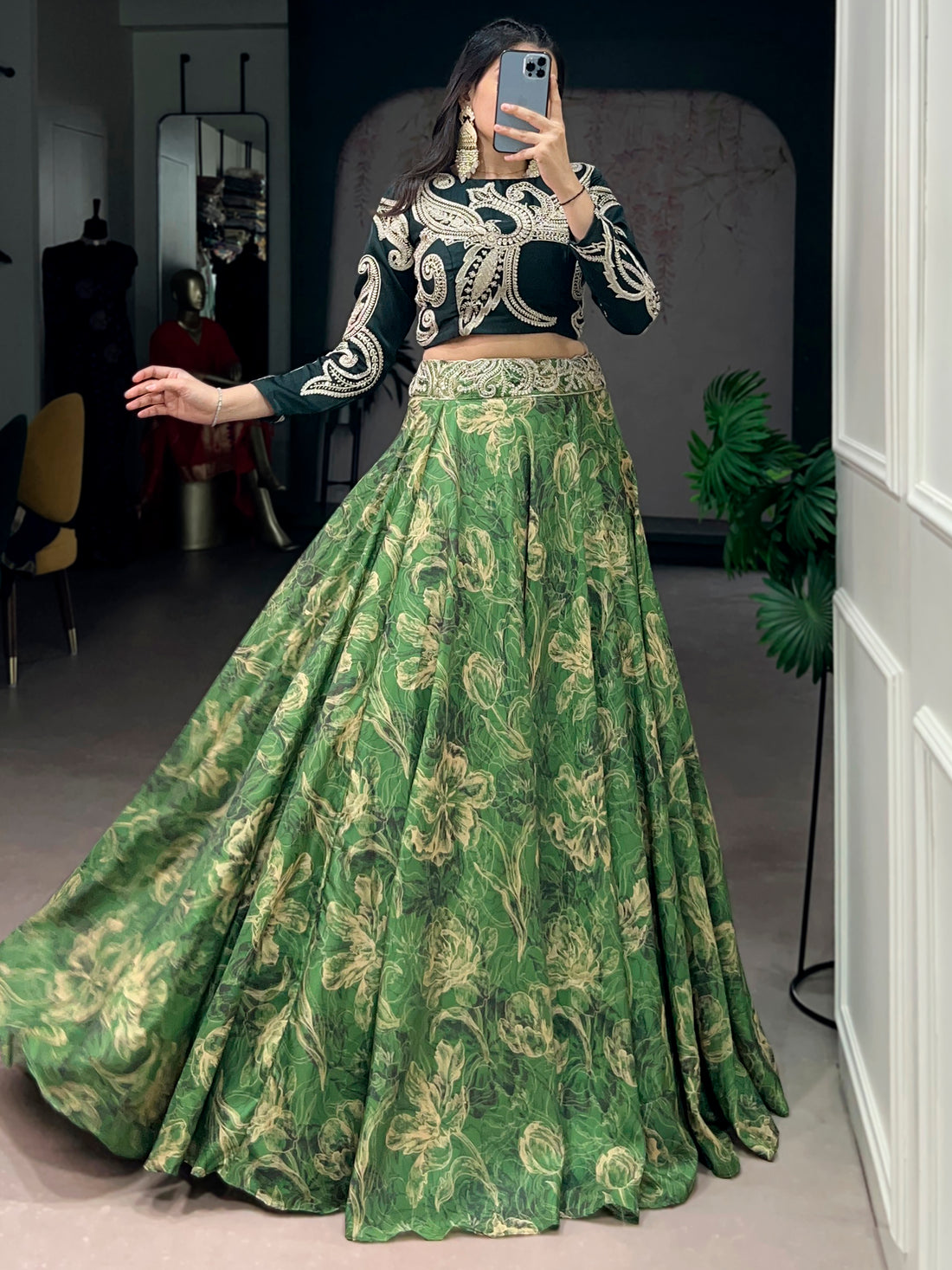 Attractive Green Sequins Silk Festival Wear Crop Top Lehenga