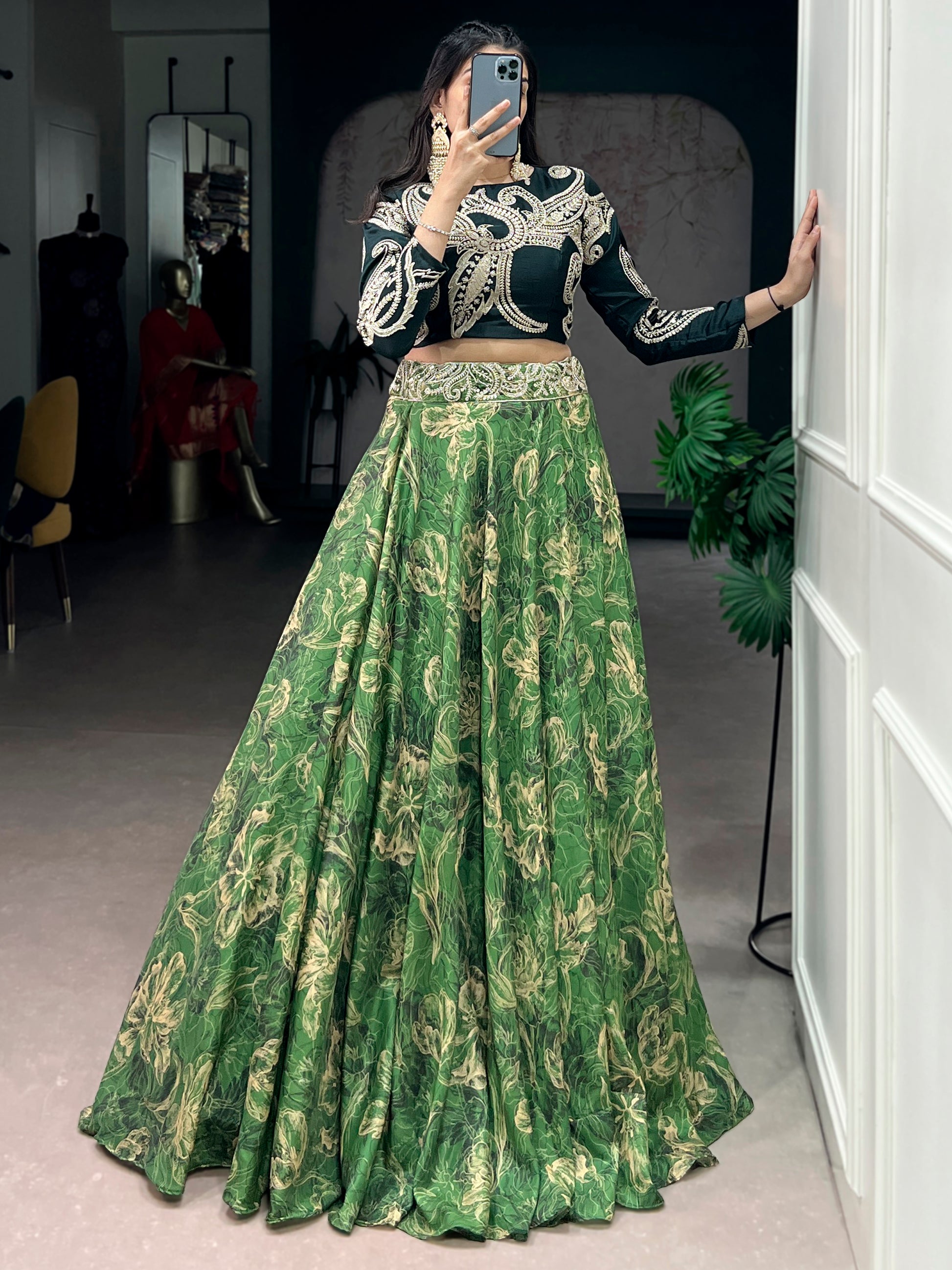 Attractive Green Sequins Silk Festival Wear Crop Top Lehenga