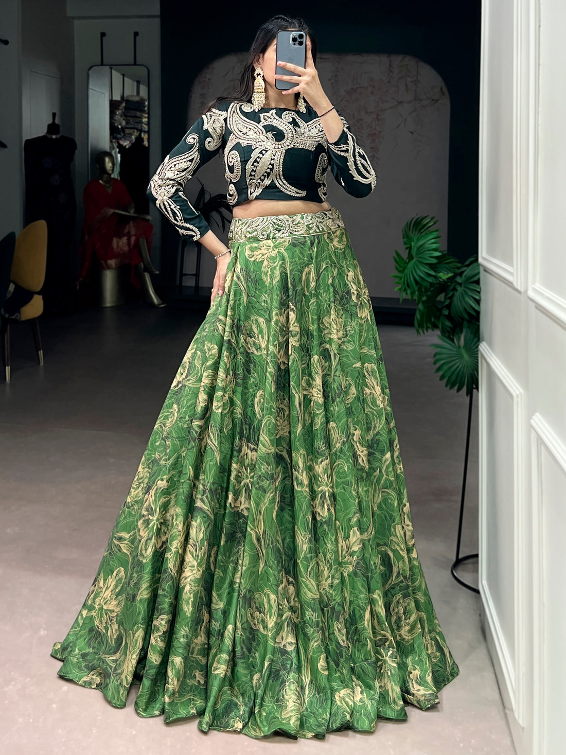 Attractive Green Sequins Silk Festival Wear Crop Top Lehenga