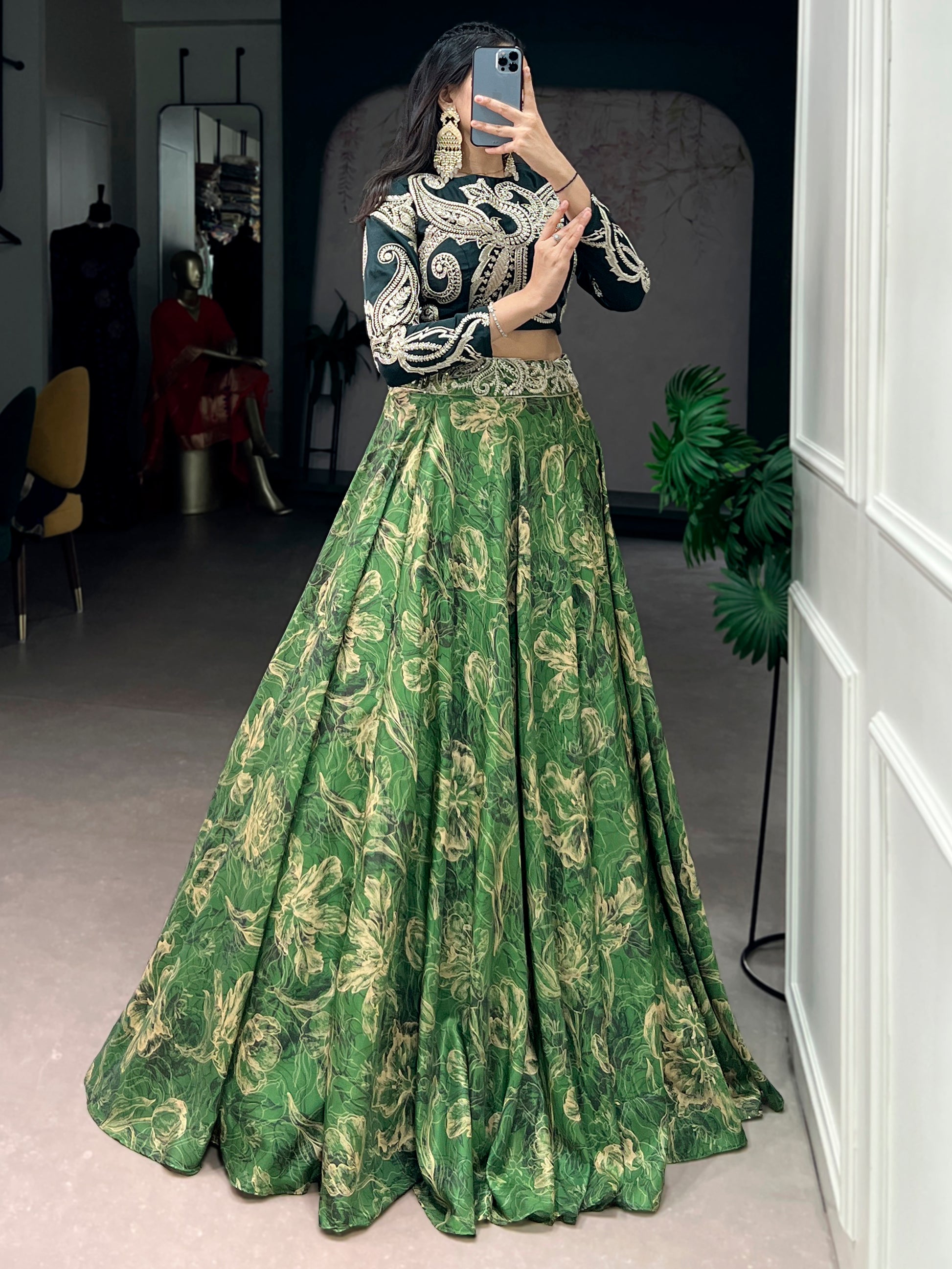 Attractive Green Sequins Silk Festival Wear Crop Top Lehenga