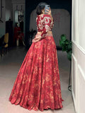Beautiful Red Digital Printed Silk Festival Wear Crop Top Lehenga