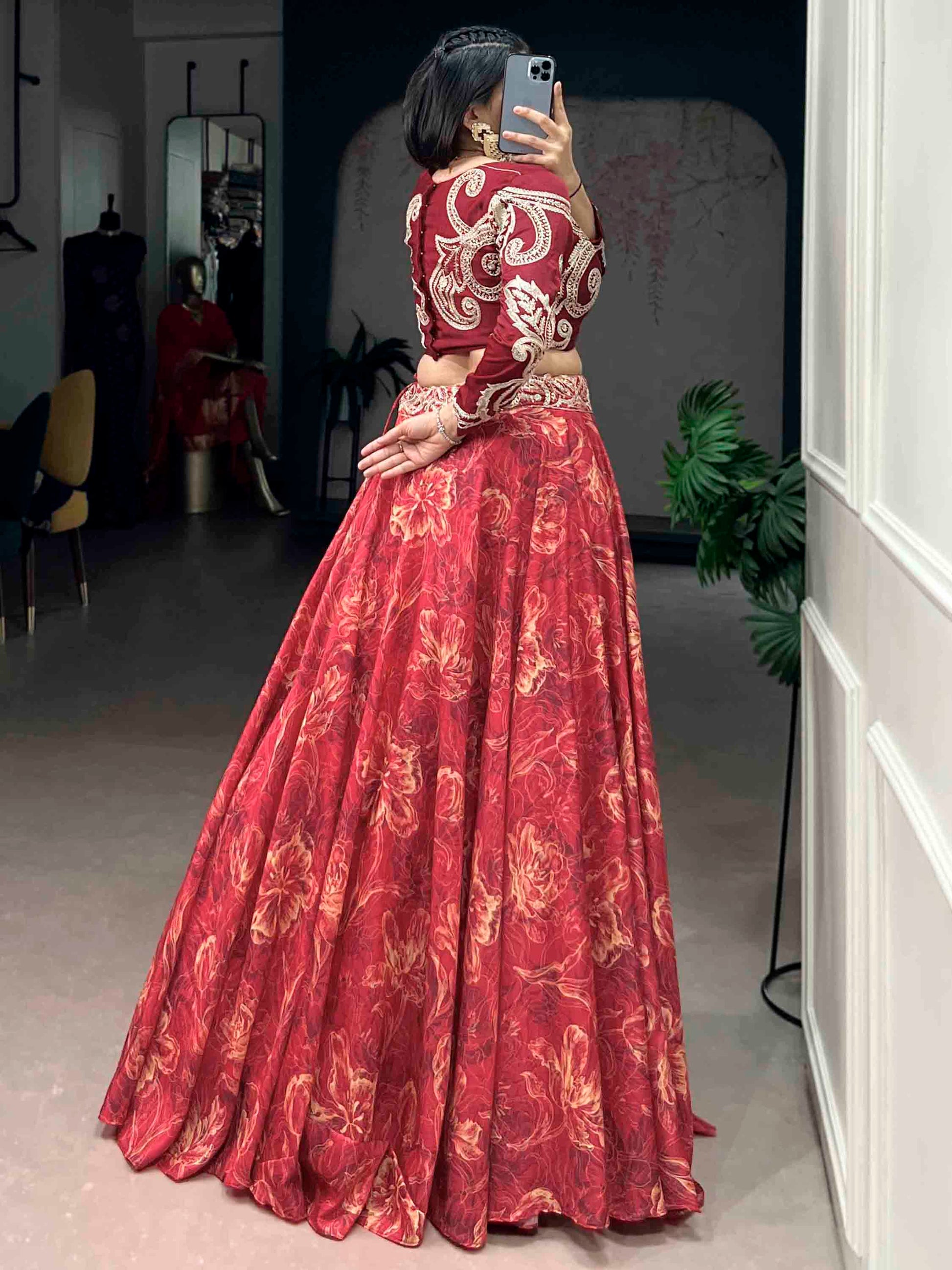 Beautiful Red Digital Printed Silk Festival Wear Crop Top Lehenga