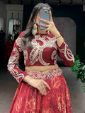 Beautiful Red Digital Printed Silk Festival Wear Crop Top Lehenga