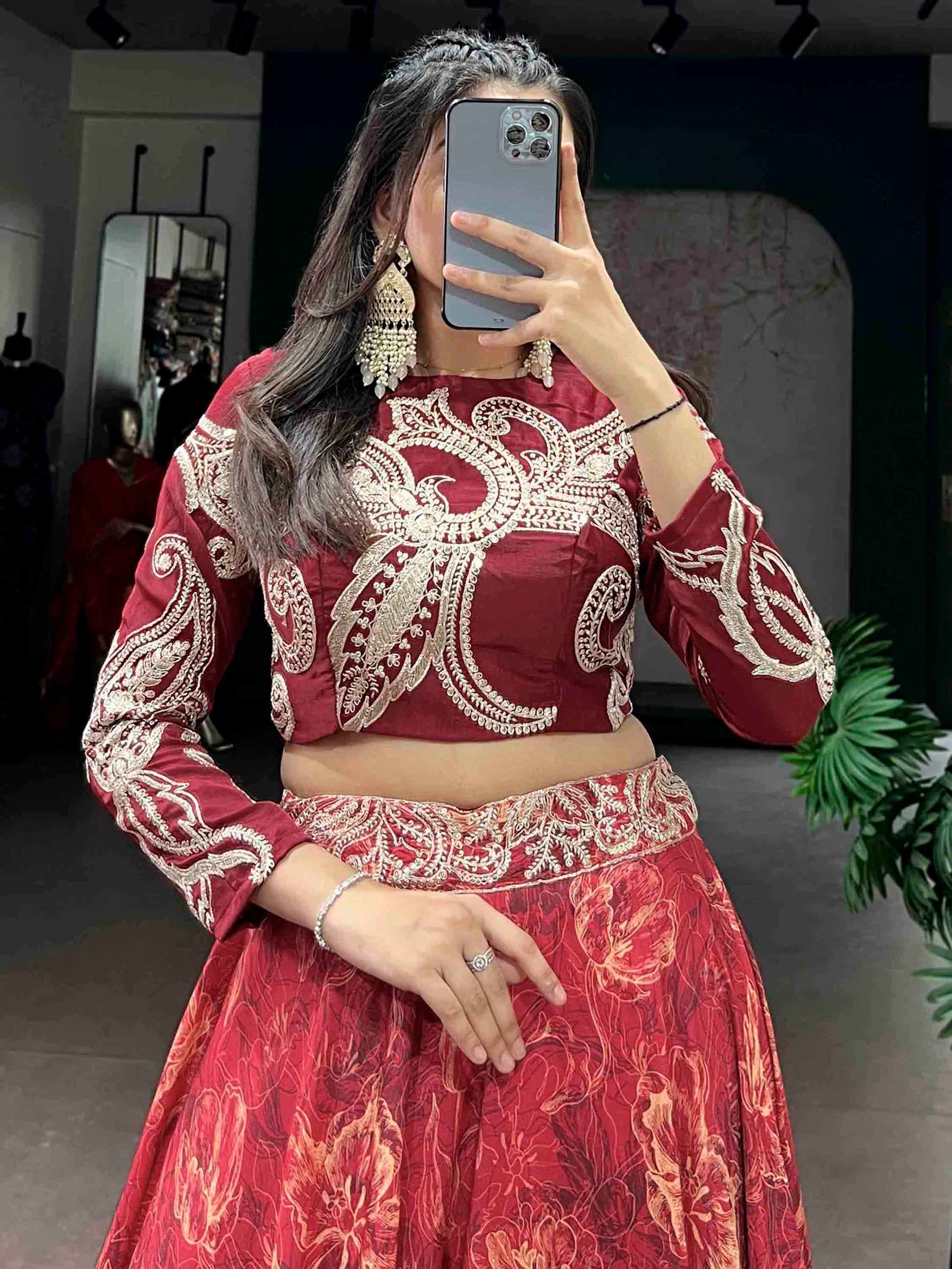 Beautiful Red Digital Printed Silk Festival Wear Crop Top Lehenga