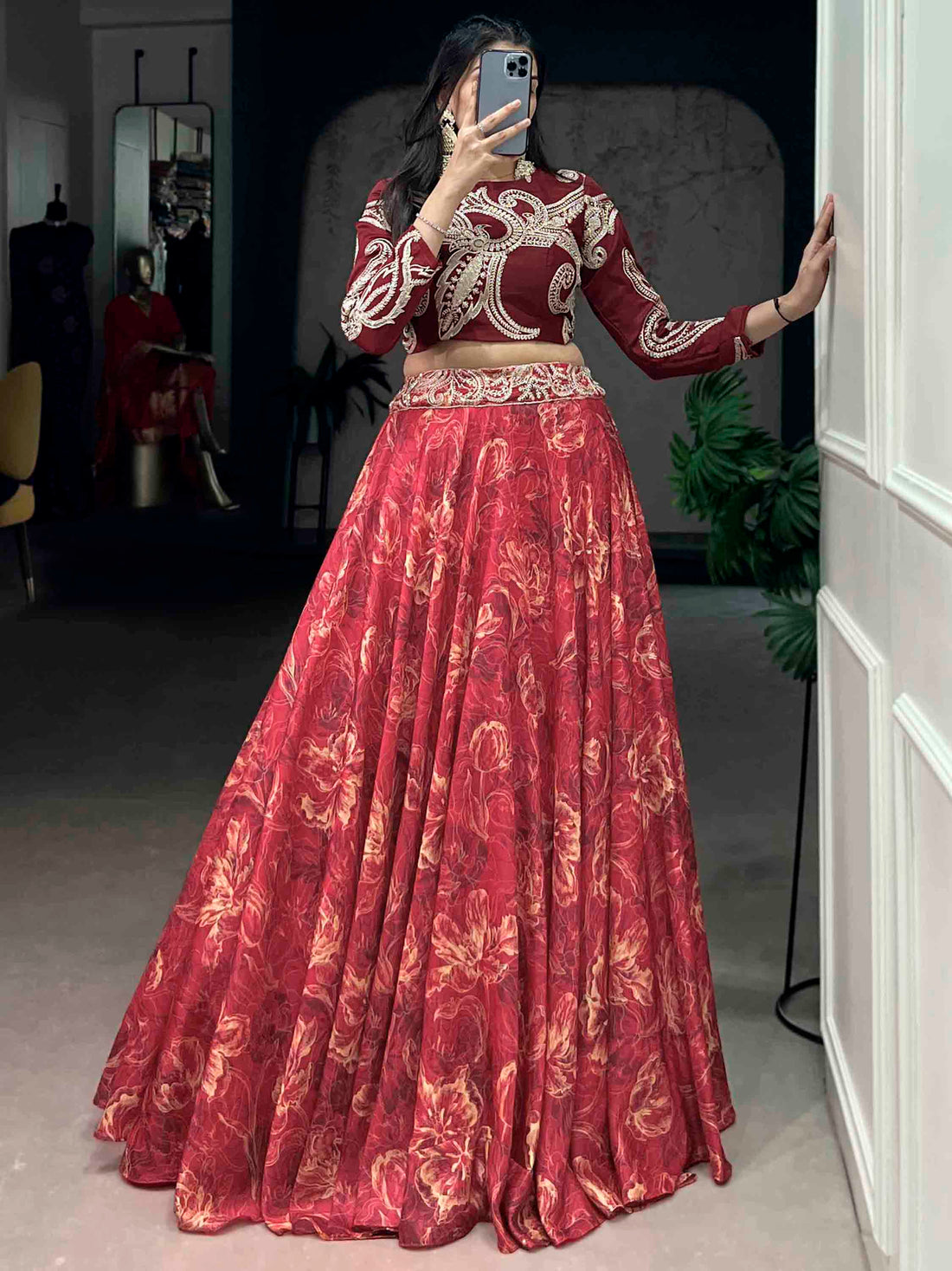 Beautiful Red Digital Printed Silk Festival Wear Crop Top Lehenga