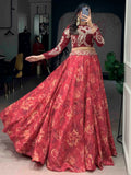 Beautiful Red Digital Printed Silk Festival Wear Crop Top Lehenga