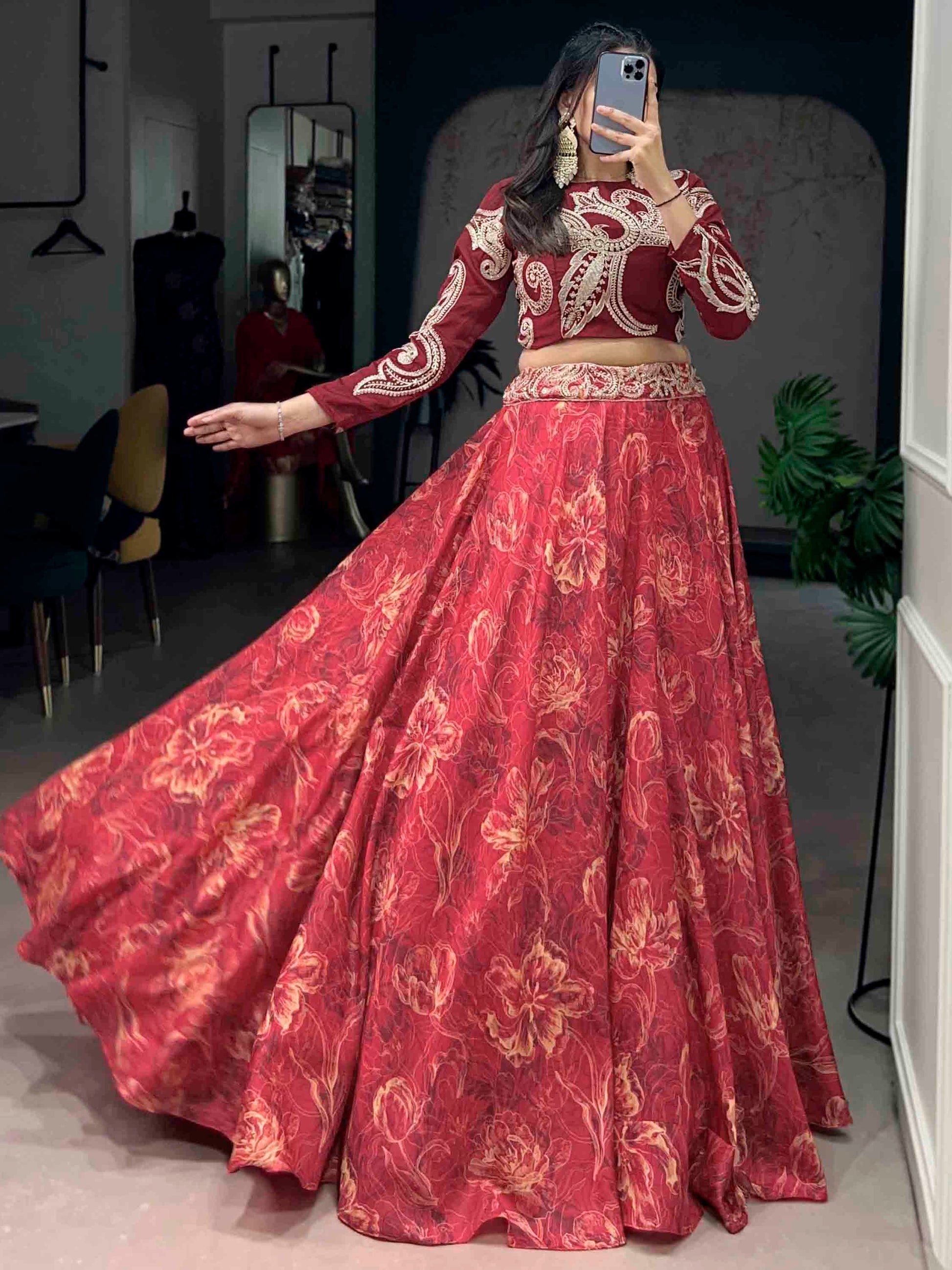 Beautiful Red Digital Printed Silk Festival Wear Crop Top Lehenga
