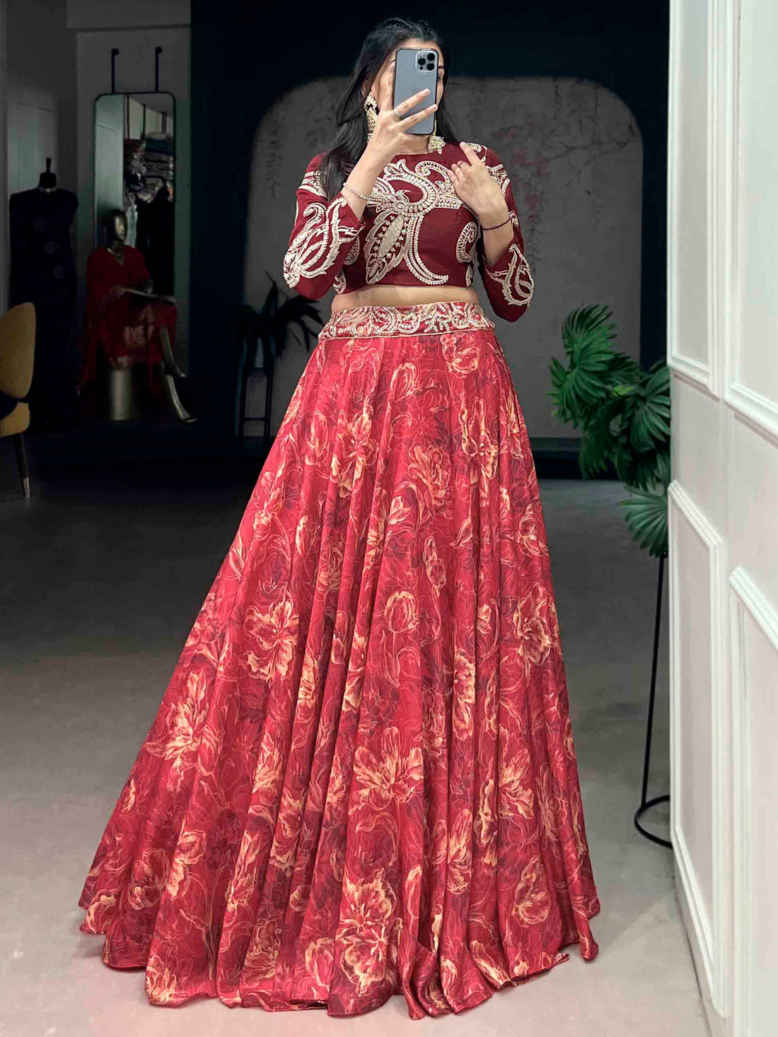 Beautiful Red Digital Printed Silk Festival Wear Crop Top Lehenga