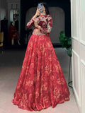 Beautiful Red Digital Printed Silk Festival Wear Crop Top Lehenga