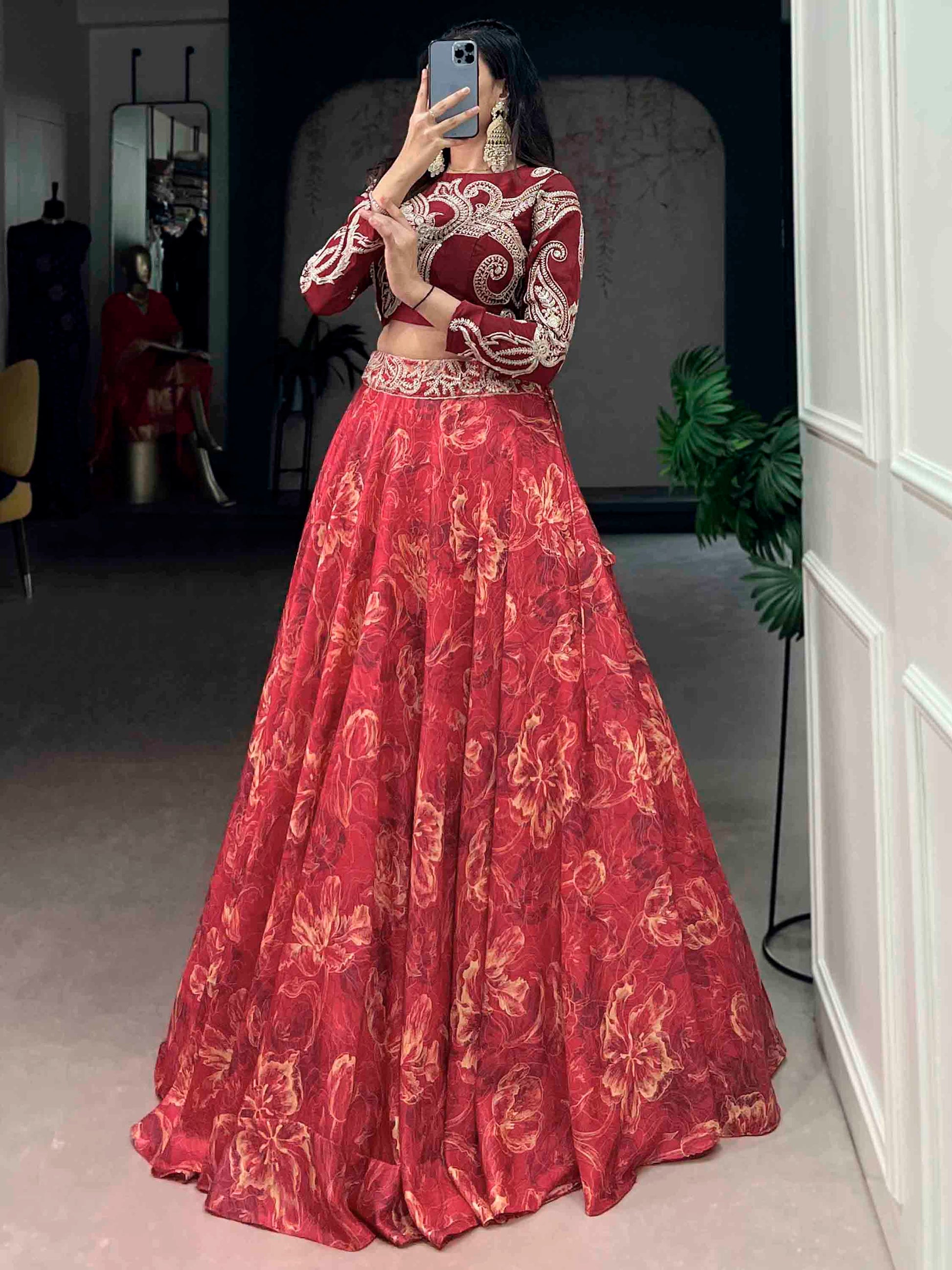 Beautiful Red Digital Printed Silk Festival Wear Crop Top Lehenga