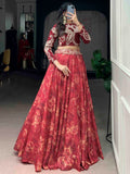 Beautiful Red Digital Printed Silk Festival Wear Crop Top Lehenga