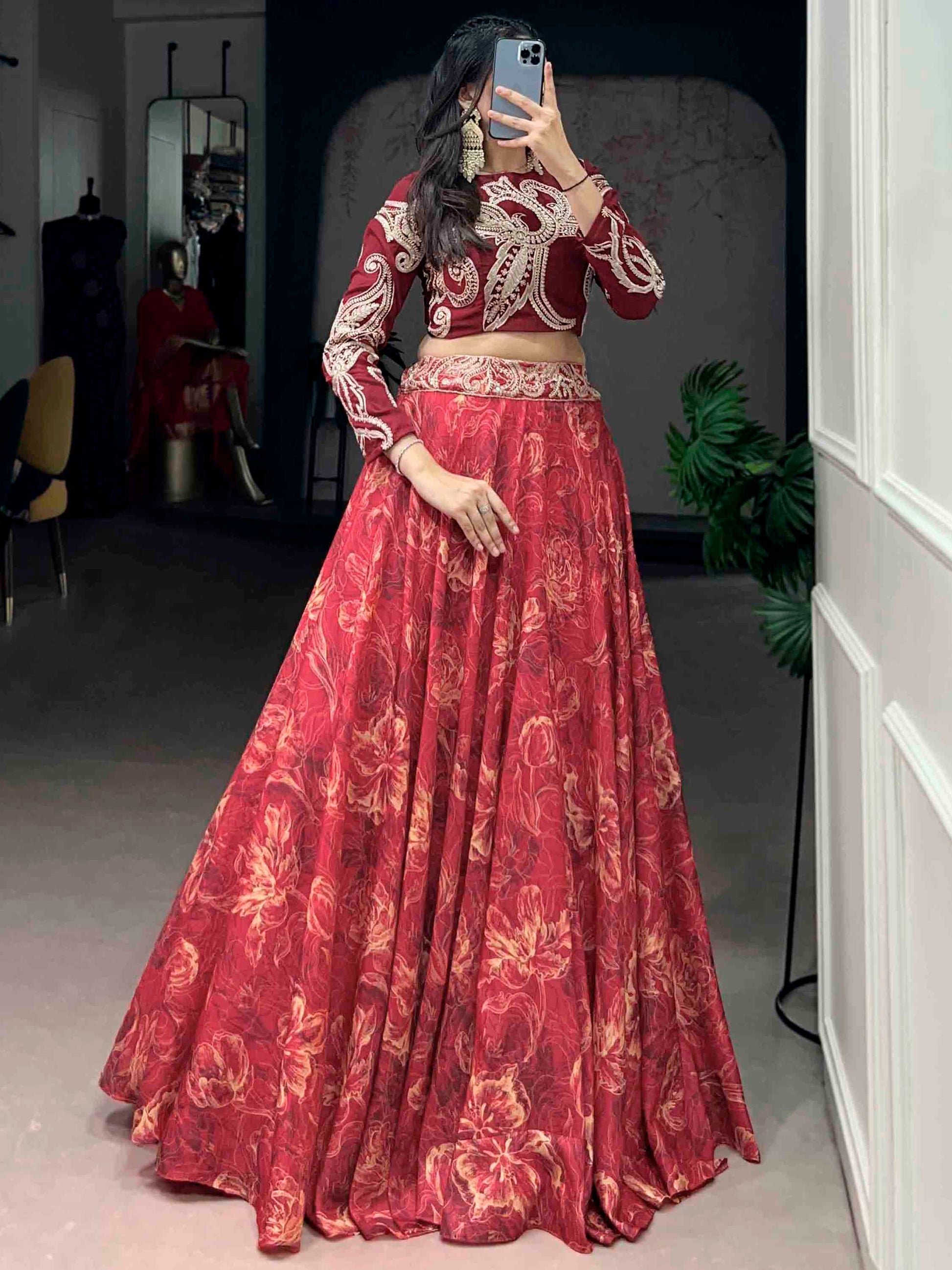 Beautiful Red Digital Printed Silk Festival Wear Crop Top Lehenga