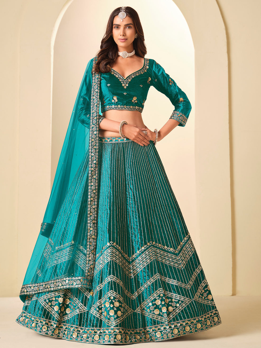Precious Teal Green Sequins Work Velvet Bridesmaid Wear Lehenga Choli With Dupatta