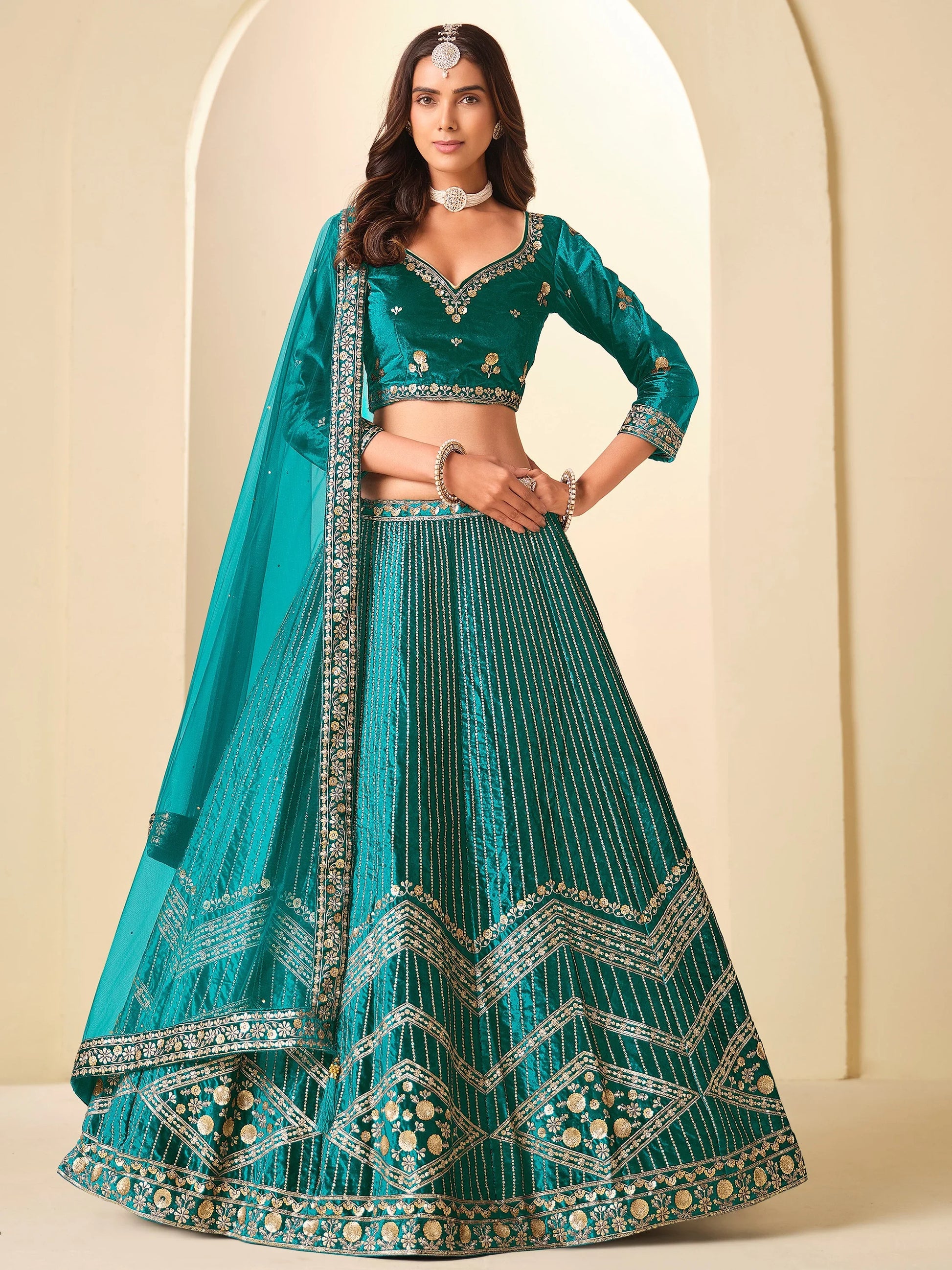 Precious Teal Green Sequins Work Velvet Bridesmaid Wear Lehenga Choli With Dupatta