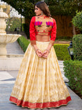 Incredible Cream Zari Weaving Jacquard Festive Wear Lehenga Choli With Koti